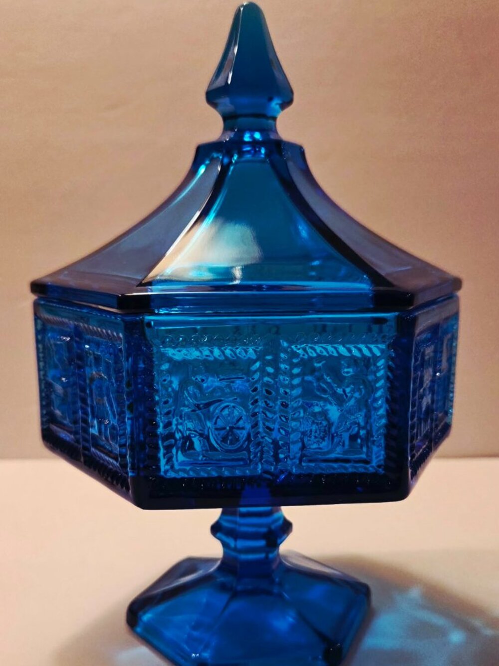 Imperial Glass-Ohio Springerle Ultra Blue Covered Pedestal Candy Dish